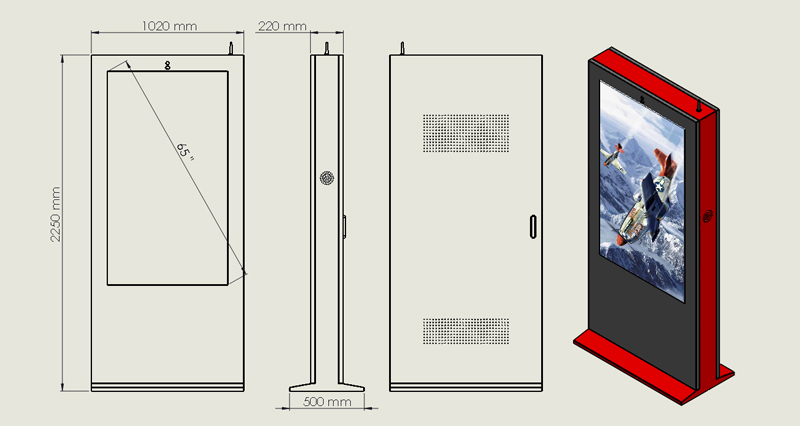 65-дюймовый ЖК-дисплей для наружного применения, цифровые вывески, один дисплей, РАЗМЕРЫ