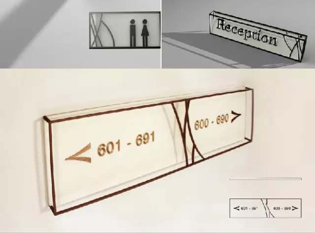 Комбинированные таблички из акрила, нержавеющей стали и железной проволоки.